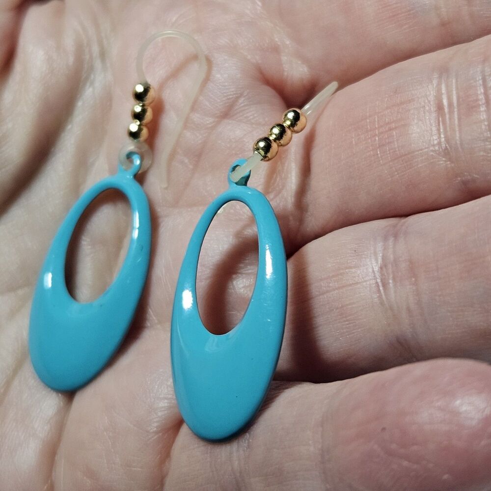 Blue Enamel Metal Dangling Ovals With Gold Bead Accent Earrings - Picture 2 of 11